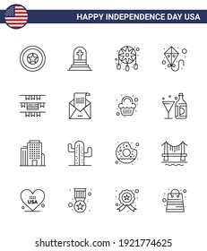 Set of 16 Modern Lines pack on USA Independence Day american; buntings; adornment; flying; kite Editable USA Day Vector Design Elements