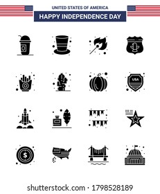 Set of 16 Modern Solid Glyphs pack on USA Independence Day food; security; camping; american; sheild Editable USA Day Vector Design Elements