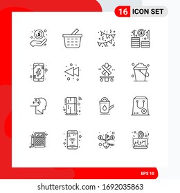 Set von 16 Symbolen der modernen Benutzeroberfläche für Symbole für mobile Geräte; Herz; Geburtstag; Start; Design-Elemente für kreative Bearbeitbare Vektorillustrationen