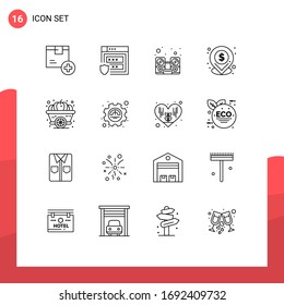 Conjunto de 16 símbolos modernos de iconos de la interfaz de usuario para calabaza; pin; almacenamiento; ubicación; elementos de diseño de vectores editables para altavoces