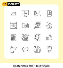 Set of 16 Modern UI Icons Symbols Signs for design; house; audio play; document; watch video Editable Vector Design Elements