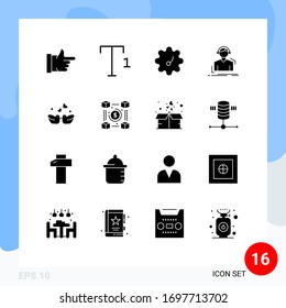 Set of 16 Modern UI Icons Symbols Signs for currency; ducks; headphones; couple; birds Editable Vector Design Elements