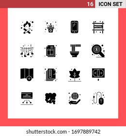 Set of 16 Modern UI Icons Symbols Signs for love; hanging; smart phone; travel; accommodation Editable Vector Design Elements