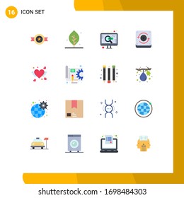 Set of 16 Modern UI Icons Symbols Signs for heart; loveing; marketing; sound; computing Editable Pack of Creative Vector Design Elements