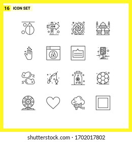 Conjunto de 16 símbolos modernos de iconos de la interfaz de usuario para la oración; islam; oportunidad; masjid; abertura de lente Elementos de diseño de vectores editables