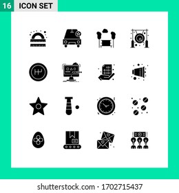 Conjunto de 16 símbolos de símbolos de iconos modernos de la interfaz de usuario para metal; chino; vehículos; campana; árboles Elementos de diseño de vectores editables