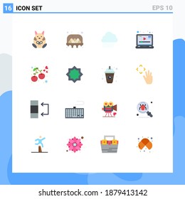 Set Of 16 Modern UI Icons Symbols Signs For Berry; Marketing; Sky Rain; Video; Media Editable Pack Of Creative Vector Design Elements