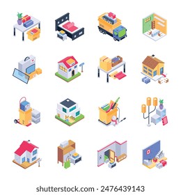 Set of 16 Moving Home Isometric Icons 

