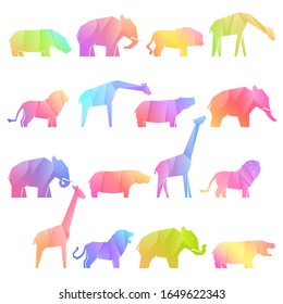 Set of 16 multi-colored gradient african animals in different poses, lions and hippos, elephants and giraffes, vector illustration