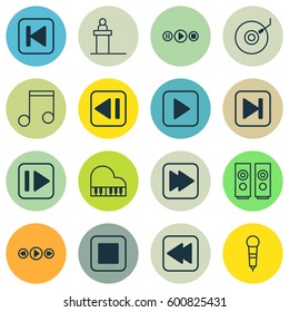 Set Of 16 Multimedia Icons. Includes Sound Box, Rostrum, Start Song And Other Symbols. Beautiful Design Elements.
