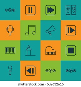 Set Of 16 Multimedia Icons. Includes Sound Box, Following Song, Octave And Other Symbols. Beautiful Design Elements.
