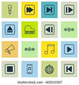 Set Of 16 Multimedia Icons. Includes Stop Button, Last Song, Microphone And Other Symbols. Beautiful Design Elements.