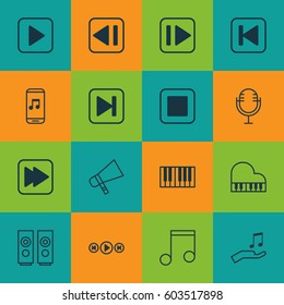 Set Of 16 Multimedia Icons. Includes Bullhorn, Note Donate, Last Song And Other Symbols. Beautiful Design Elements.