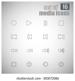 Set of 16 multimedia outline vector icons. Suitable for audio, video player or recorder, voice recorder. Music, video clip. Flat design, modern style