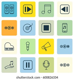 Set Of 16 Music Icons. Includes Octave, Mike, Mute Song And Other Symbols. Beautiful Design Elements.