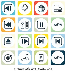 Set Of 16 Music Icons. Includes Dance Club, Rewind Back, Song UI And Other Symbols. Beautiful Design Elements.