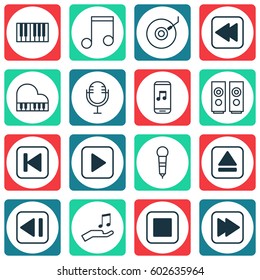Set Of 16 Music Icons. Includes Gramophone, Mike, Run Song Back And Other Symbols. Beautiful Design Elements.
