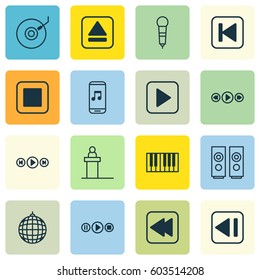 Set Of 16 Music Icons. Includes Last Song, Microphone, Rewind Back And Other Symbols. Beautiful Design Elements.