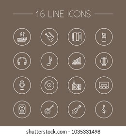 Set of 16 music icons line style set. Collection of audio level, record, pace and other elements.