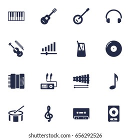 Set Of 16 Music Icons Set.Collection Of Audio Device, Banjo, Octave Keyboard And Other Elements.