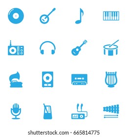 Set Of 16 Music Icons Set.Collection Of Retro Disc, Rhythm Motion, Earphones And Other Elements.