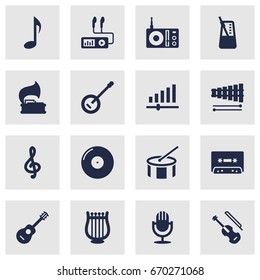 Set Of 16 Music Icons Set.Collection Of Turntable, Knob, Rhythm Motion And Other Elements.