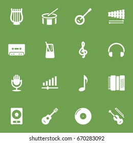 Set Of 16 Music Icons Set.Collection Of Earphones, Tape, Fiddle And Other Elements.