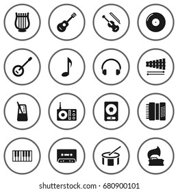 Set Of 16 Music Icons Set.Collection Of Turntable, Tambourine, Tape And Other Elements.