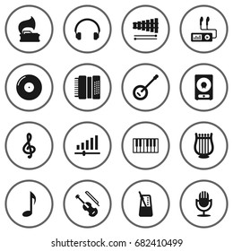 Set Of 16 Music Icons Set.Collection Of Tone Symbol, Banjo, Rhythm Motion And Other Elements.