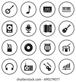 Set Of 16 Music Icons Set.Collection Of Radio, Banjo, Octave Keyboard And Other Elements.
