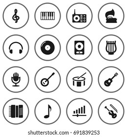 Set Of 16 Music Icons Set.Collection Of Turntable, Radio, Harmonica And Other Elements.