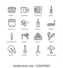 Set Of 16 music linear icons such as Voice recording, Jazz, Ukelele, Cymbal, Maraca, Cymbals, Castanets, Jack connector, Melodica, editable stroke icon pack, pixel perfect