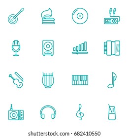 Set Of 16 Music Outline Icons Set.Collection Of Loudspeaker, Station, Turntable And Other Elements.