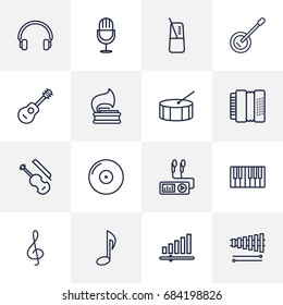Set Of 16 Music Outline Icons Set.Collection Of Harmonica, Fiddle, Note And Other Elements.