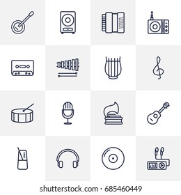 Set Of 16 Music Outline Icons Set.Collection Of Acoustic, Pace, Guitar And Other Elements.