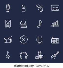 Set Of 16 Music Outline Icons Set.Collection Of Gramophone, Pace, Amplifier And Other Elements.