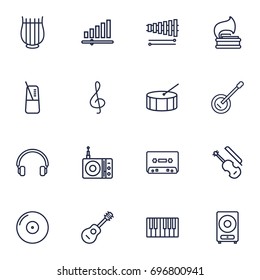Set Of 16 Music Outline Icons Set.Collection Of Wooden Block, Vinyl, Loudspeaker And Other Elements.