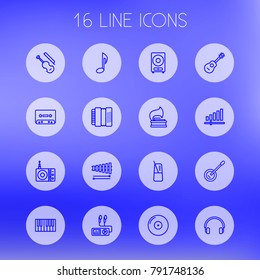 Set Of 16 Music Outline Icons Set.Collection Of Vinyl, Fortepiano, Acoustic And Other Elements.