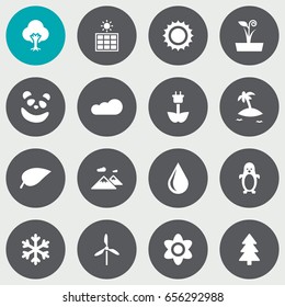 Set Of 16 Natural Icons Set.Collection Of Bloom, Tree, Wind Energy And Other Elements.