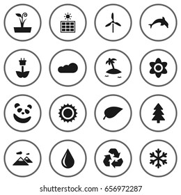 Set Of 16 Natural Icons Set.Collection Of Bloom, Solar Panel, Winter Snow And Other Elements.