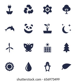 Set Of 16 Natural Icons Set.Collection Of Bear, Moth, Solar Panel And Other Elements.