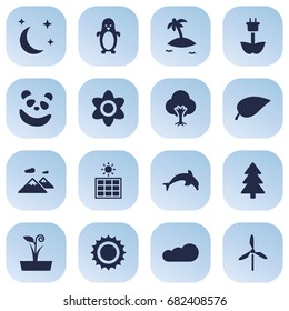 Set Of 16 Natural Icons Set.Collection Of Spruce, Wind Energy, Polar Bird And Other Elements.