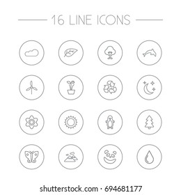 Set Of 16 Natural Outline Icons Set.Collection Of Recycle, Plant, Penguin And Other Elements.