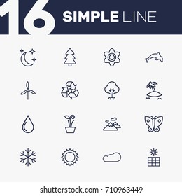 Set Of 16 Natural Outline Icons Set.Collection Of Flower, Cloud, Plant And Other Elements.