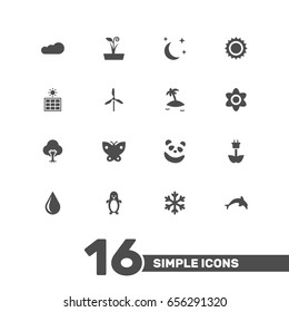 Set Of 16 Nature Icons Set.Collection Of Blob, Tree, Overcast And Other Elements.
