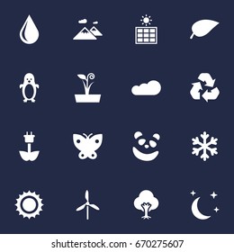 Set Of 16 Nature Icons Set.Collection Of Overcast, Polar Bird, Foliage And Other Elements.