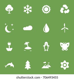 Set Of 16 Nature Icons Set.Collection Of Moth, Polar Bird, Overcast And Other Elements.