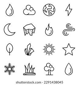 Set of 16 nature line icons. ecology icon, cloud, earth, lightning, icon set, water, ecology, nature, leaf, fire and sun