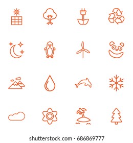 Set Of 16 Nature Outline Icons Set.Collection Of Fir Tree, Dolphin, Electric Mill And Other Elements.
