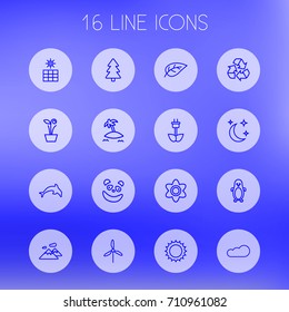 Set Of 16 Nature Outline Icons Set.Collection Of Plant, Moon With Star, Sun Power And Other Elements.
